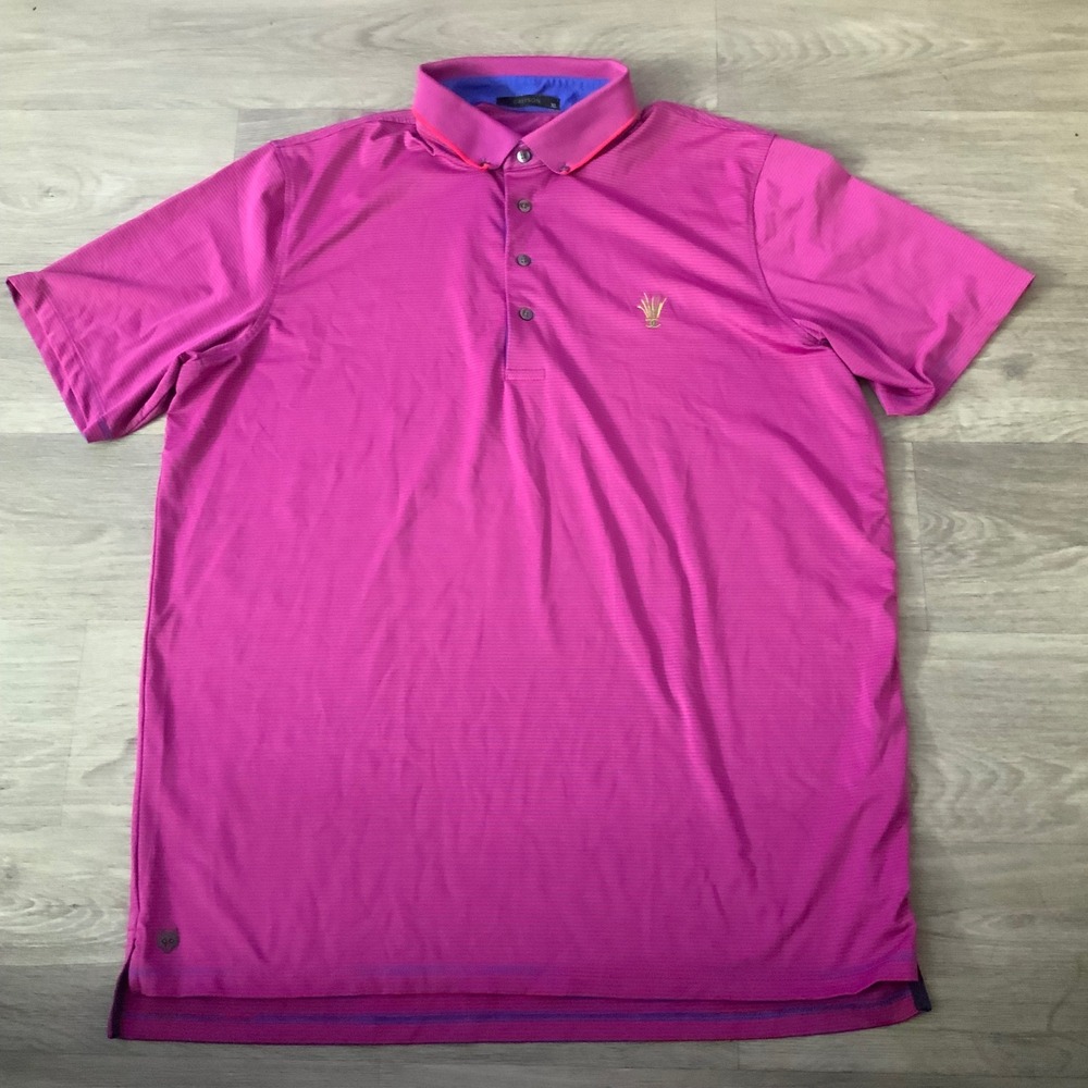 Greyson Men XL Pink Striped Performance Golf Polo Shirt Logo Button Short Sleeve